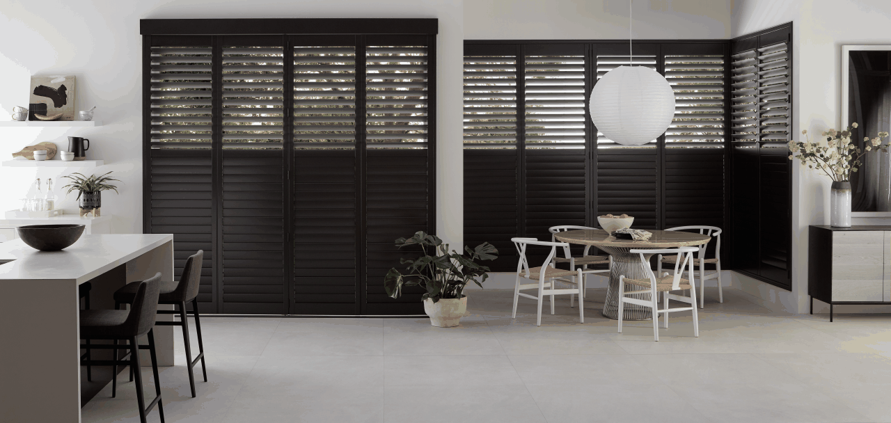 Shutters window treatments in a refined Boulder home