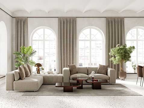 Beige living room with drapery