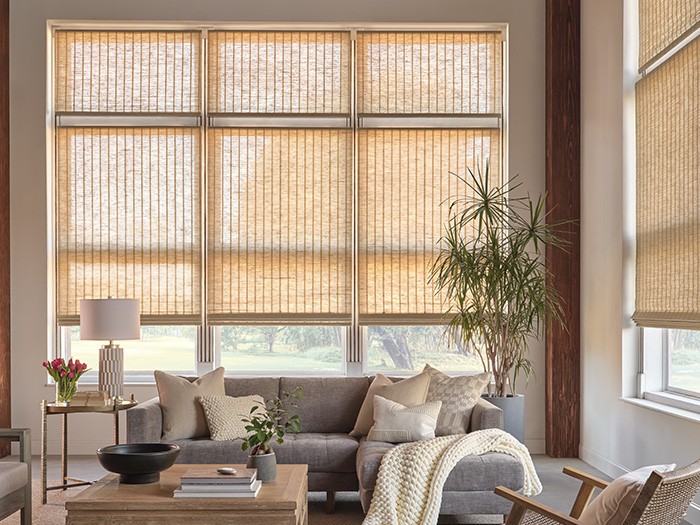 Naturally lit living room featuring tall windows with Provenance® Woven Wood Shades.